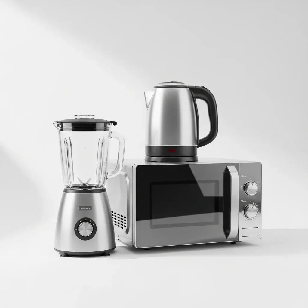 Set of kitchen appliances including a blender, microwave, and kettle on a white background